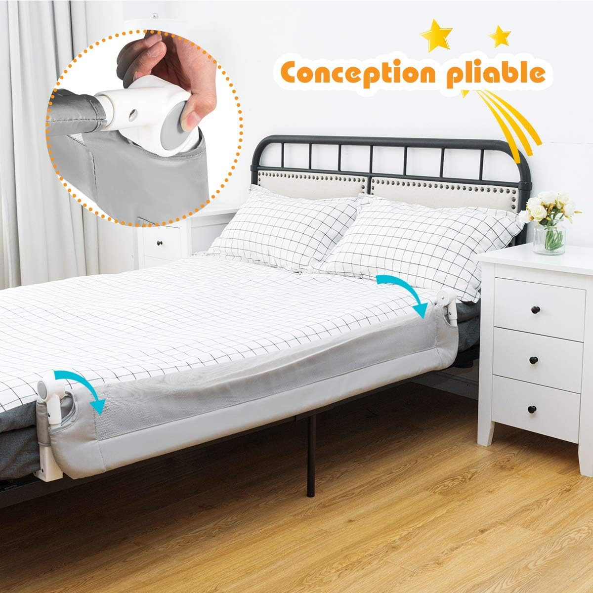 Sponda Letto per Bambini 105/120/150 cm, Barriera di Sicurezza per Neonati, Barriera Letto Pieghevole e Portatile, con Cinghia di Sicurezza (B - 5