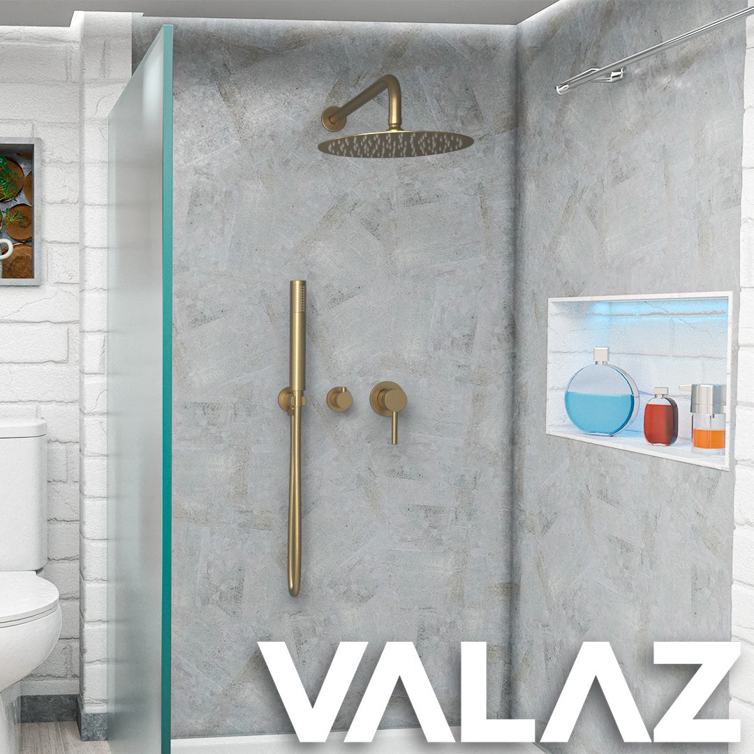 Valaz Douche murale encastrée ronde à levier unique en or brossé - Série Guadiana - 25 cm - 3