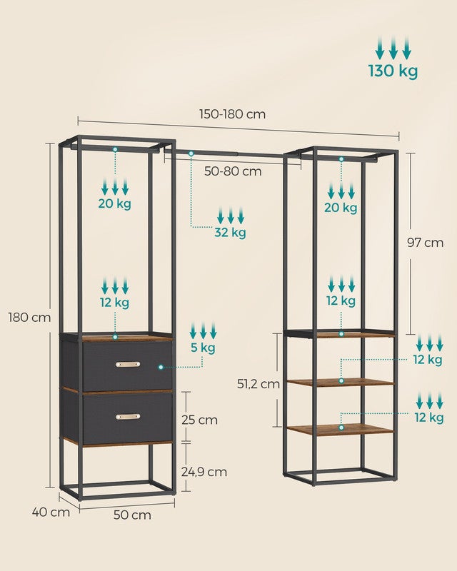 Penderie, Armoire Ouverte, avec 1 Tringle Extensible, 2 Tiroirs et 4 Étagères, Gain de Place, Marron Rustique - 5