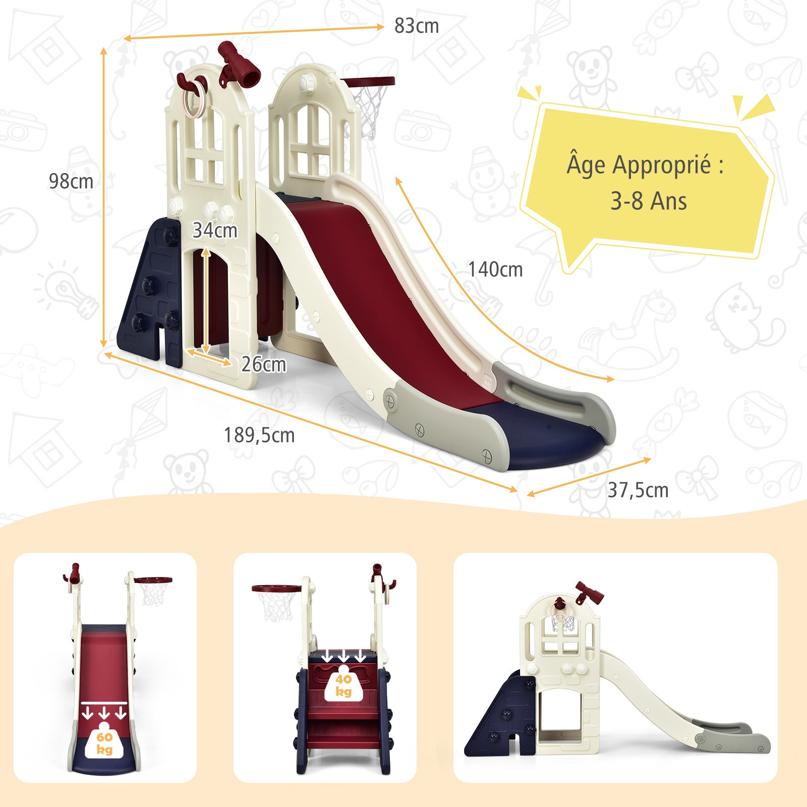 Toboggan 6 en 1 pour Enfant - Glisse de 140 CM - avec Panier de Basket, Escalade, Bleu - 3