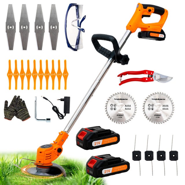 OUTIGO Tosaerba a batteria, tagliabordi a batteria, 4 tipi di lame, 2 batterie da 21 V, decespugliatore a batteria