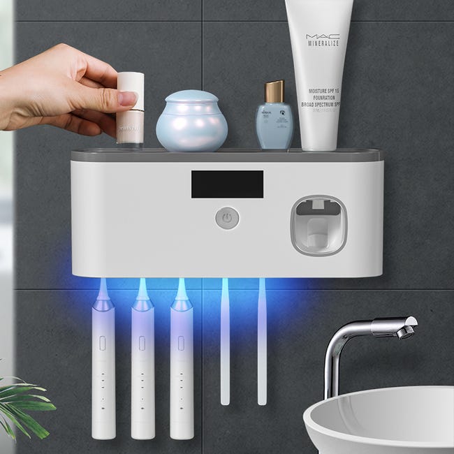 Portaspazzolino Da Parete 5 In 1 Con Dispenser Dentifricio Automatico E Scatola Fazzoletti - Set Bagno Completo