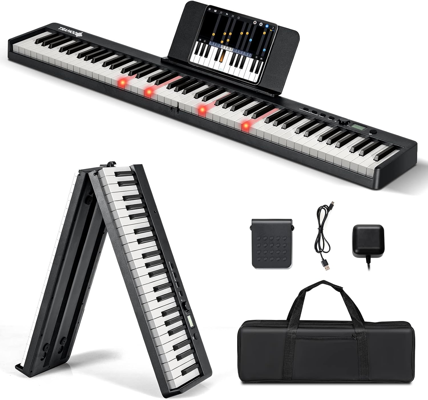 Cyfrowe Pianino z 88 Podświetlanymi Klawiszami, Przyciskiem Sustain, Pulpit na Nuty, Składana Klawiatura Fortepianowa (Czarna)