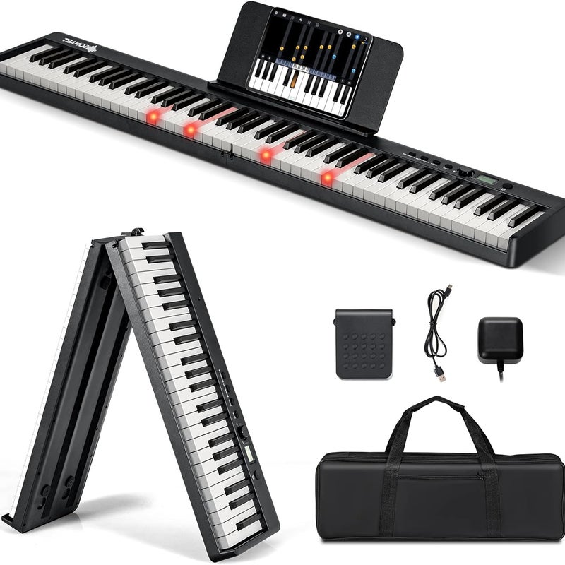 Cyfrowe Pianino z 88 Podświetlanymi Klawiszami, Przyciskiem Sustain, Pulpit na Nuty, Składana Klawiatura Fortepianowa (Czarna)