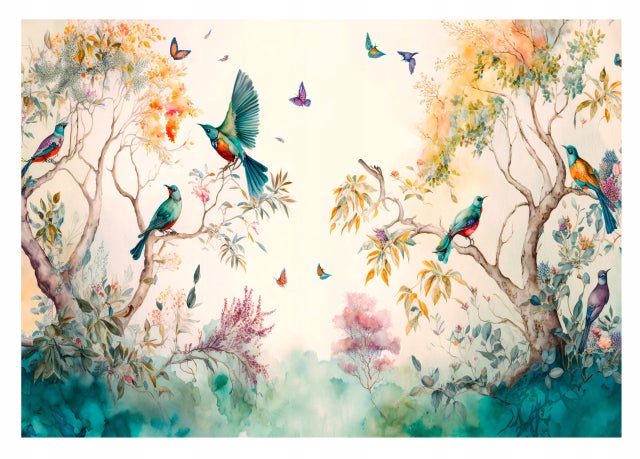 Papier Peint Intissé Panoramique Forêt Peint Oiseaux Art 368x254 cm - Colle Inclus - Chambre et Salon - Moderne Trompe l'oeil