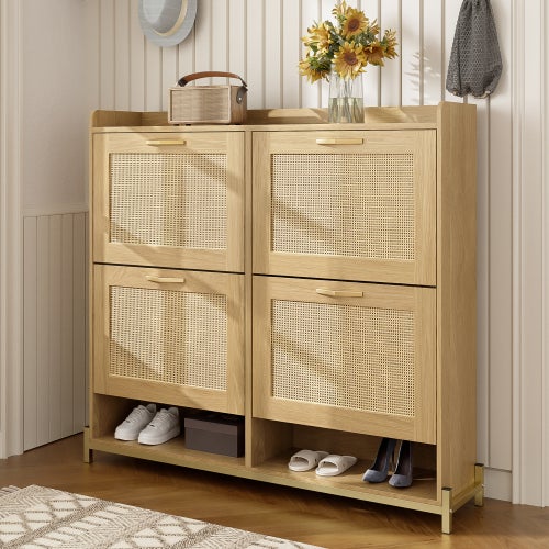 Élégant meuble à chaussures en bois avec portes en rotin – 4 portes, structure métal, étagère supérieure, rangement organisé. - 2