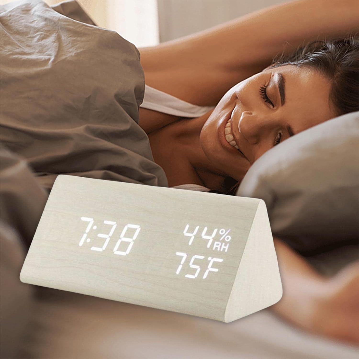 Réveil électronique LED en bois avec affichage de l'humidité, idéal comme cadeau de chevet ou de bureau - Blanc - 4