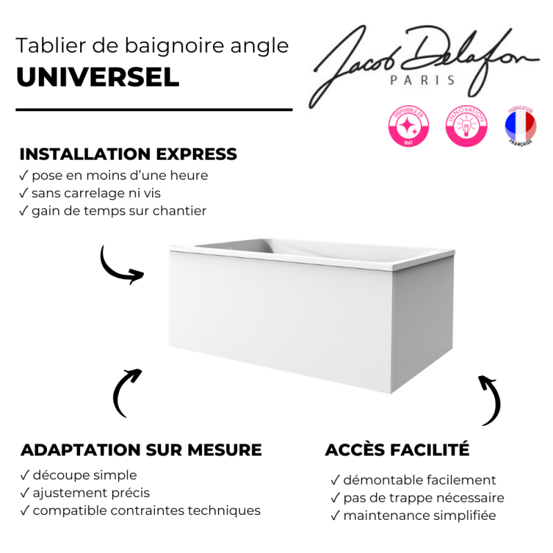 JACOB DELAFON Tablier frontal pour baignoire rectangulaire 180 x 90 x 60 cm installation angle Blanc - 3