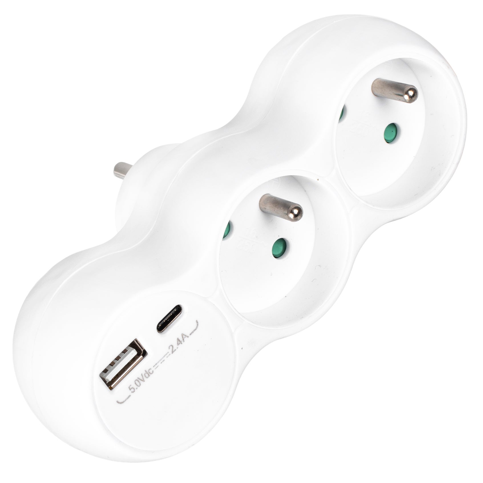 Rozgałęźnik sieciowy 2 gniazda French z uziemieniem + USB-C 2.4A + USB-A 2.4A VA0358 VAYOX