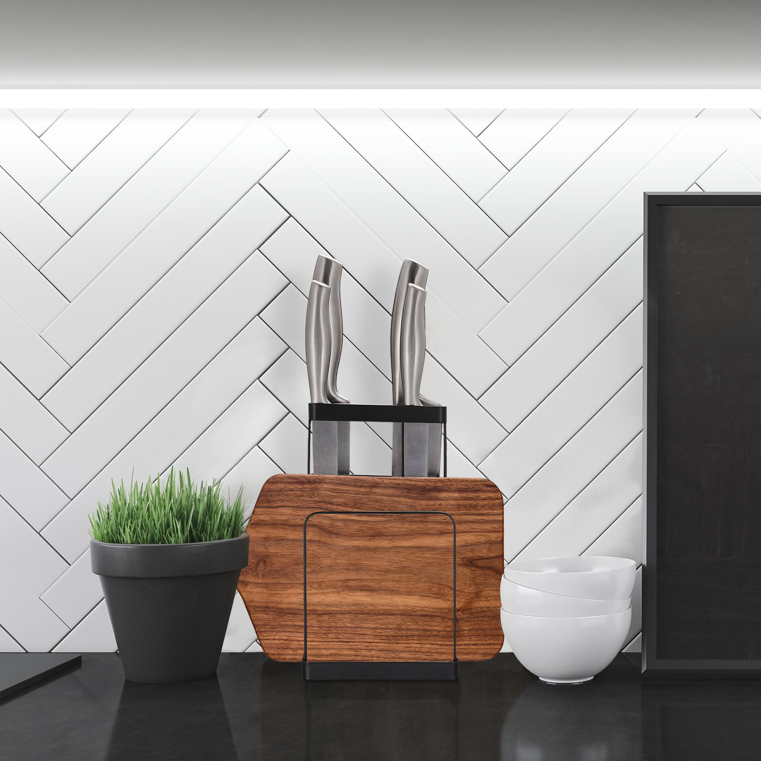 Soportes de Tablas y Cuchillos 2 en 1, Metal, Portatablas de Cocina, Organizador de Sobremesa, Negro, Relaxdays - 3