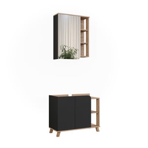 Set Mobili Da Bagno Vicco Karen 3 Pezzi – Lavabo, Specchio E Colonna, Colore Sonoma/antracite, Melamminico 16 Mm, Facile Da Montare
