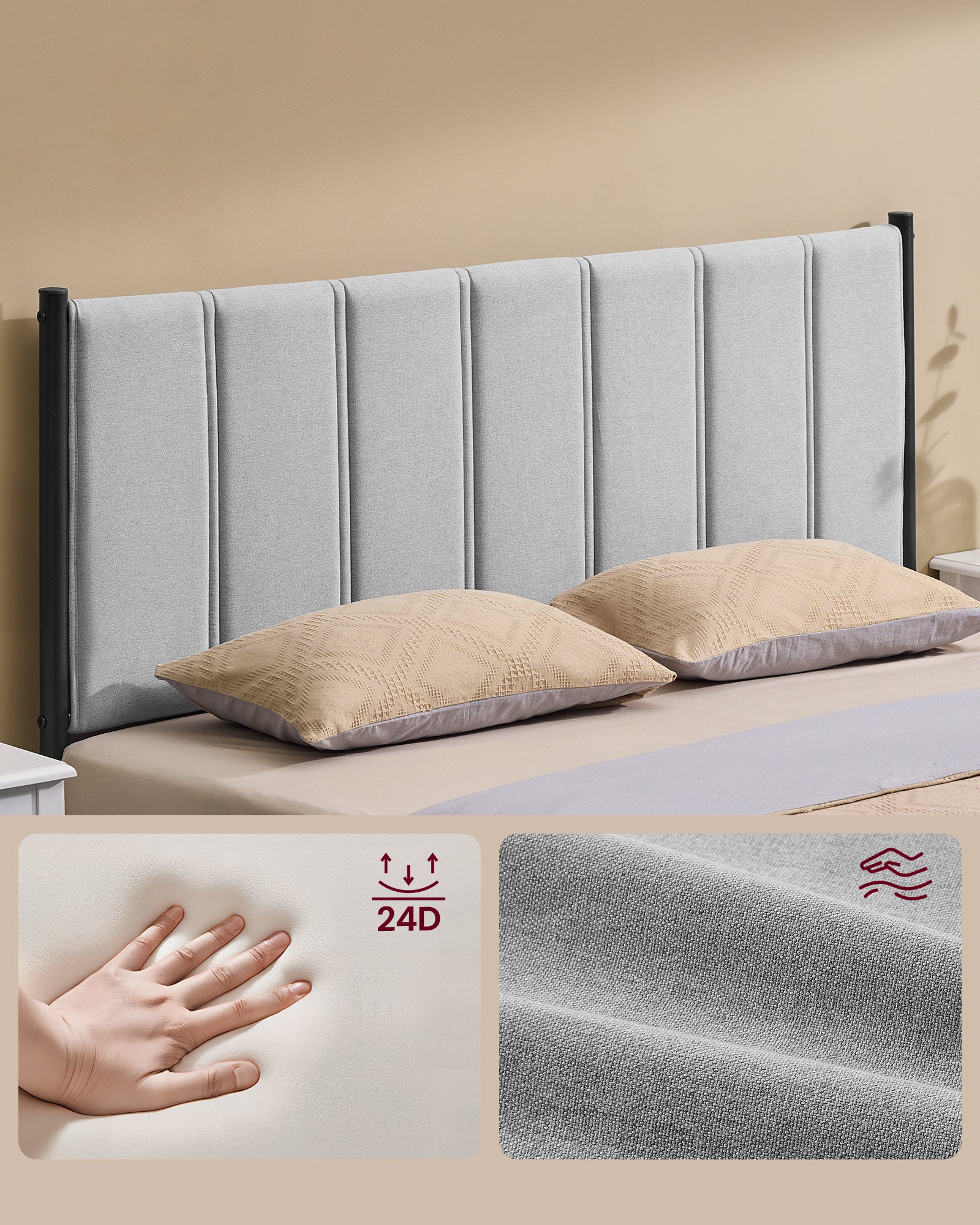 Cadre de Lit Double, 140 x 190 cm, avec Tête de Lit Rembourrée, en Acier, Supporte Jusqu'à 500 kg, Montage Facile, Gris Tourterelle - 3