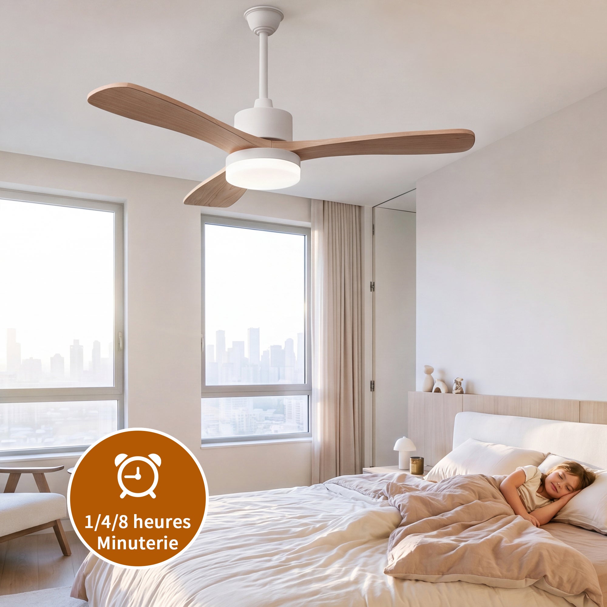 Ventilateur de plafond 2-en-1 couleur bois naturel avec éclairage LED (modèle à 3 pales de 42 pouces en bois massif), L106.6cm - 7