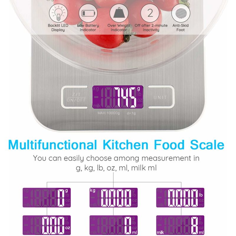 Balance De Cuisine Numérique 10 Kg - Précision 1 G - Rechargeable USB - Écran LCD - Fonction Tare - 6 Unités De Mesure