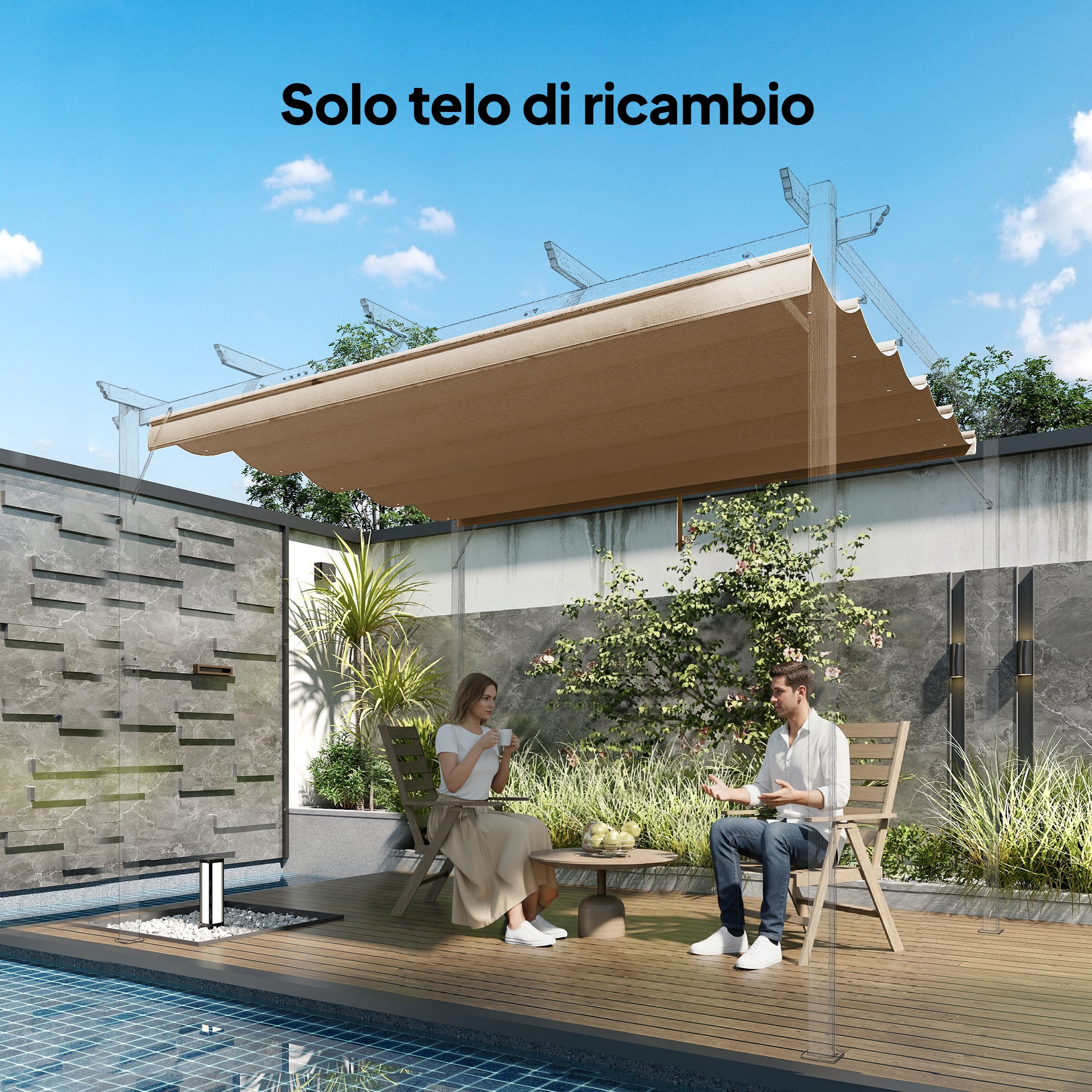 Techo de pérgola con 10 orificios de drenaje, poliéster 250x255 cm para 3x3 m, marrón claro - 4
