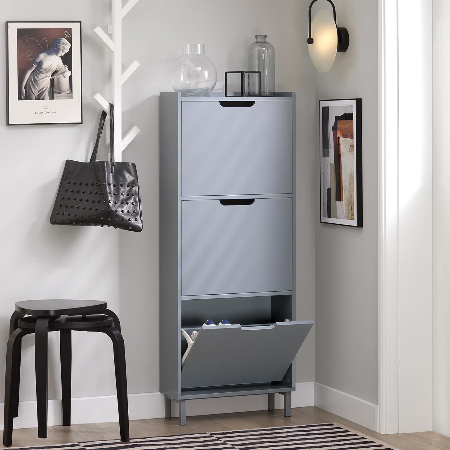 SoBuy Meuble à Chaussures Meuble de Rangement à Chaussures avec 3 Abattants Armoire à Chaussures Gris, FSR151-H-HG - 2