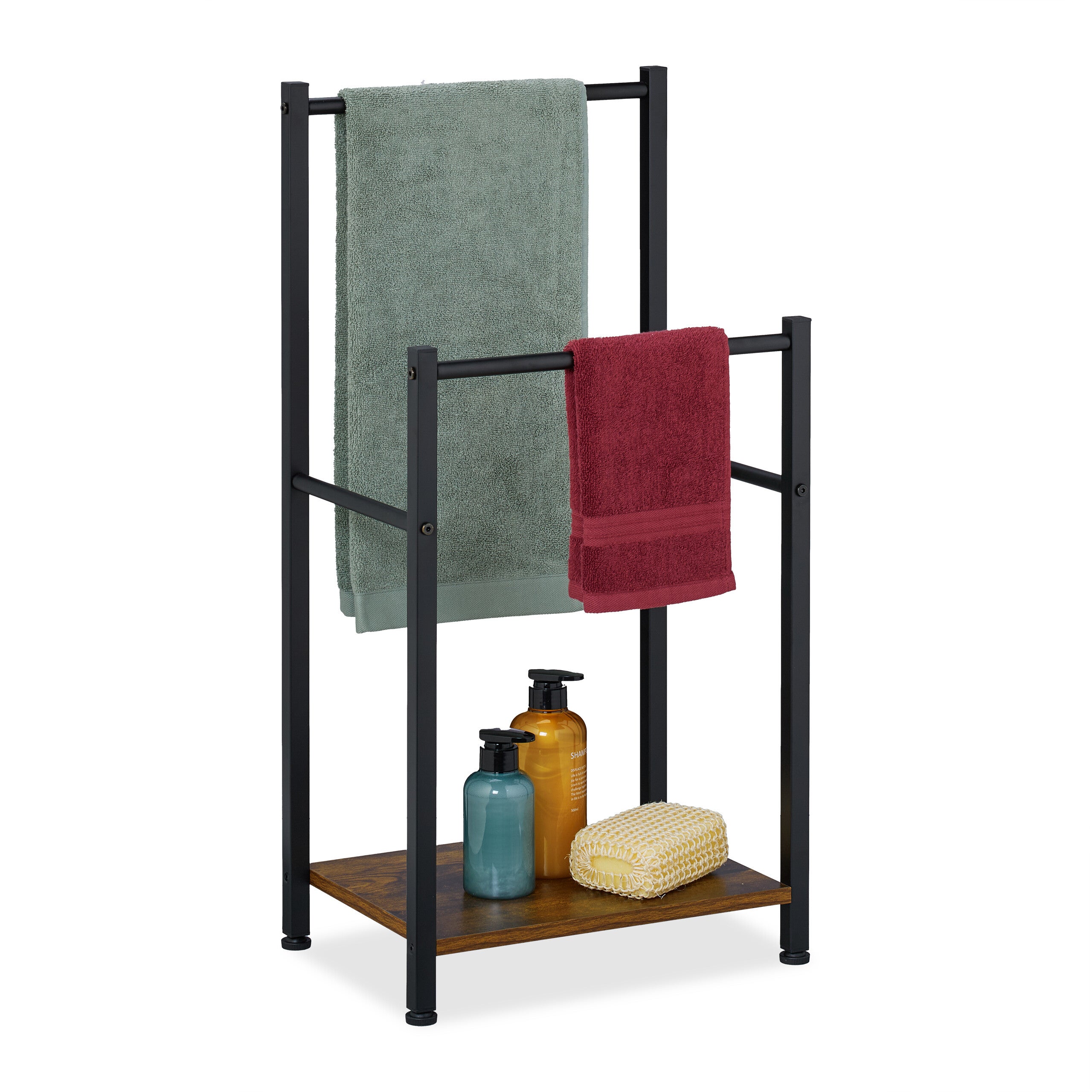 Relaxdays Porte-Serviettes 2 Barres Décalées – Design Moderne Fer & Bambou, Sans Fixation, Noir Et Nature – Idéal Salle De Bain & WC