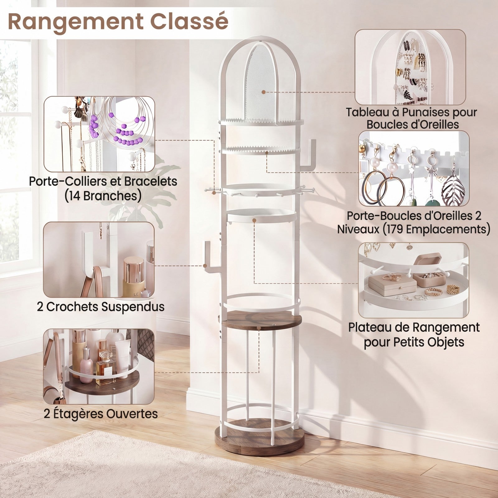 Support de Bijoux sur Pied Rotatif à 360° , Présentoir à Bijoux avec Porte-Boucles d'Oreilles, Colliers et 3 Étagères, Arbre de Rangement, Gris - 3
