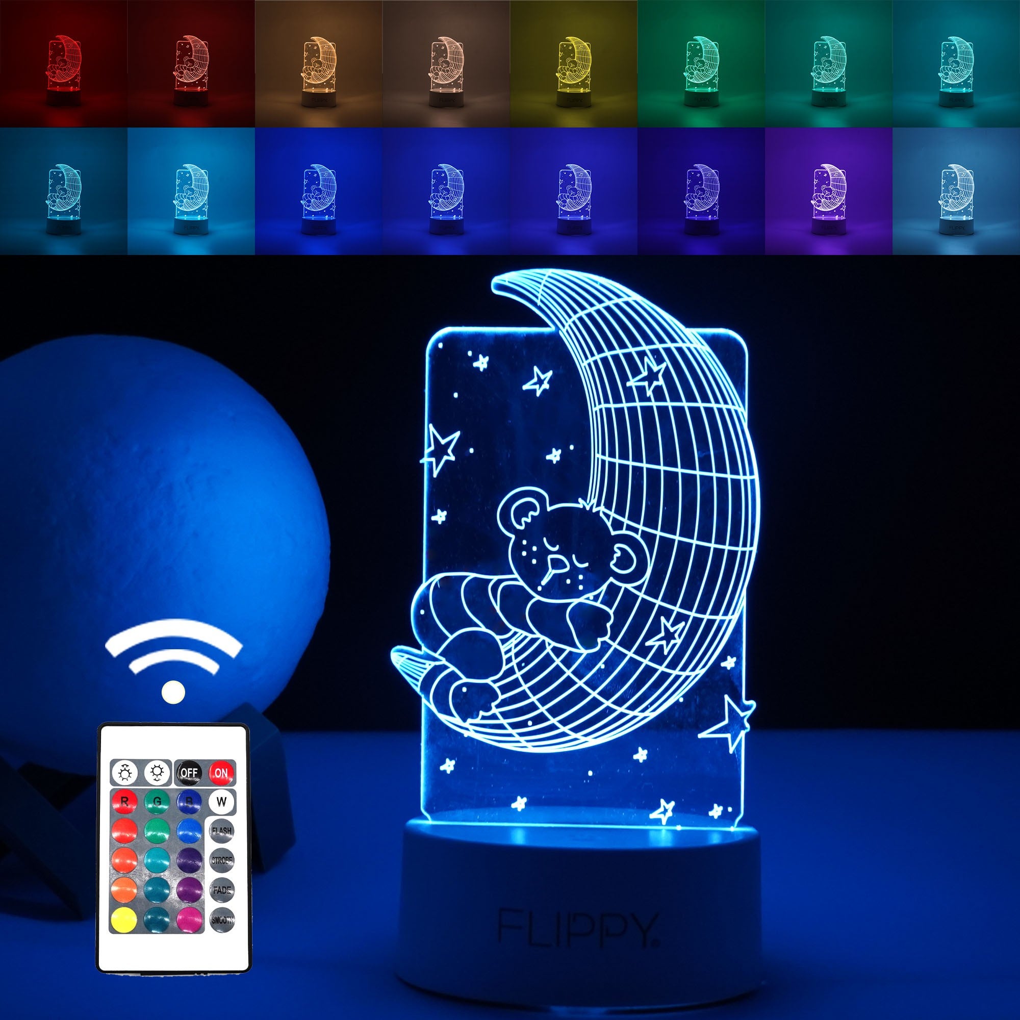 Lampa LED decorativa, Flippy, 3D, Ursulet si Semiluna, cu telecomanda, doua moduri de alimentare USB si baterii, 20 cm inaltime, din material acril