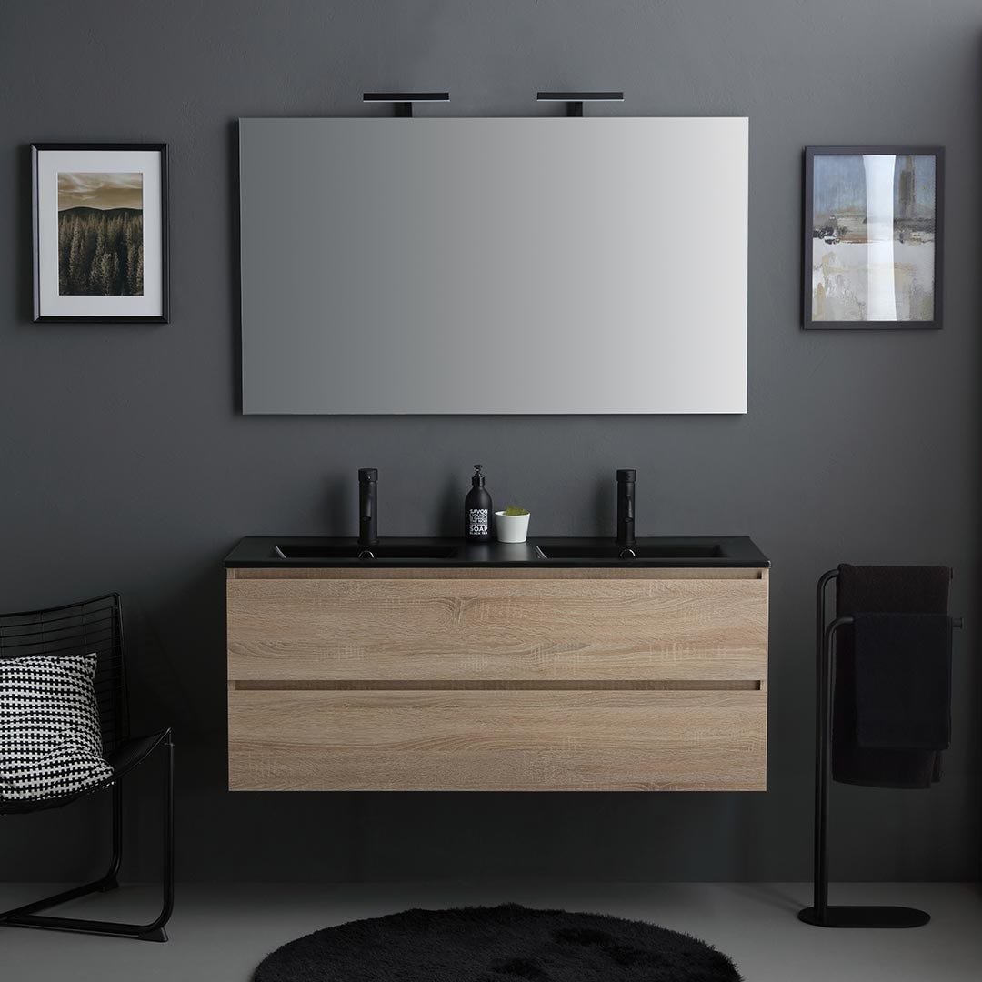 Meuble salle de bains suspendu 120cm chêne avec lavabo noir, miroir et lampe | Berlin - 2
