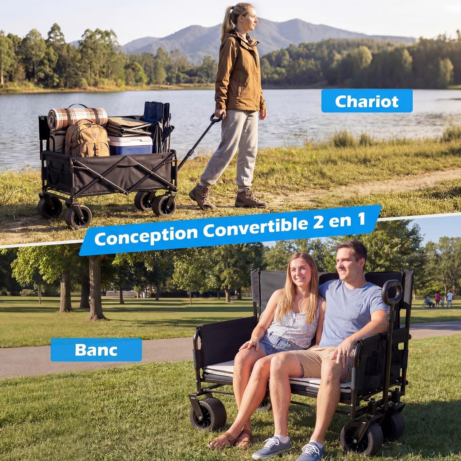 GIANTEX Chariot de Plage Pliable Banc 2-en-1, Chariot de Transport 85 L,Poignée Ajustable Poussée/tirée Coussins Doux et Roues Tout-Terrain,Noir - 7