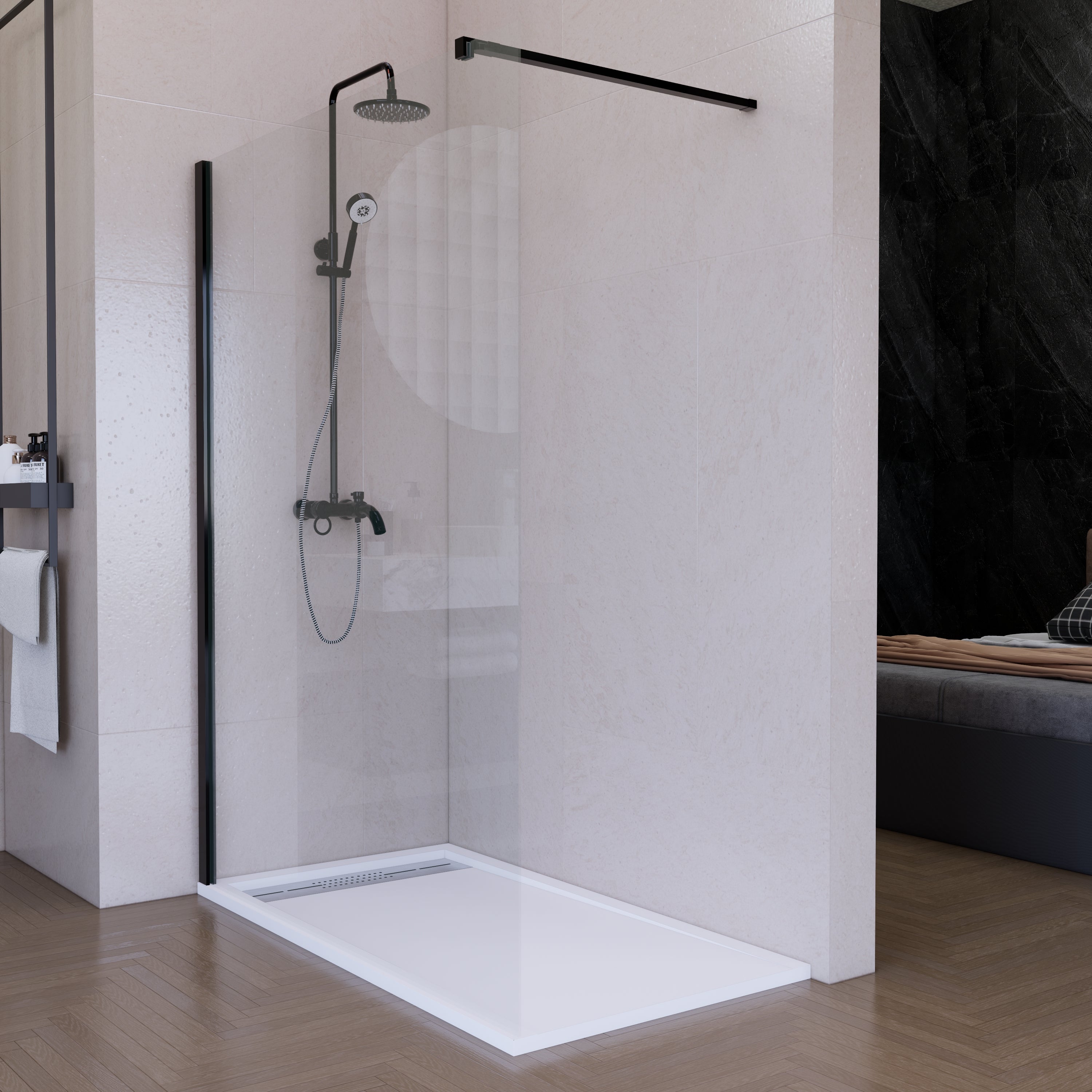 Mampara de ducha fija 90 cm transparente negro mate antical 8mm 200 cm alto - 3