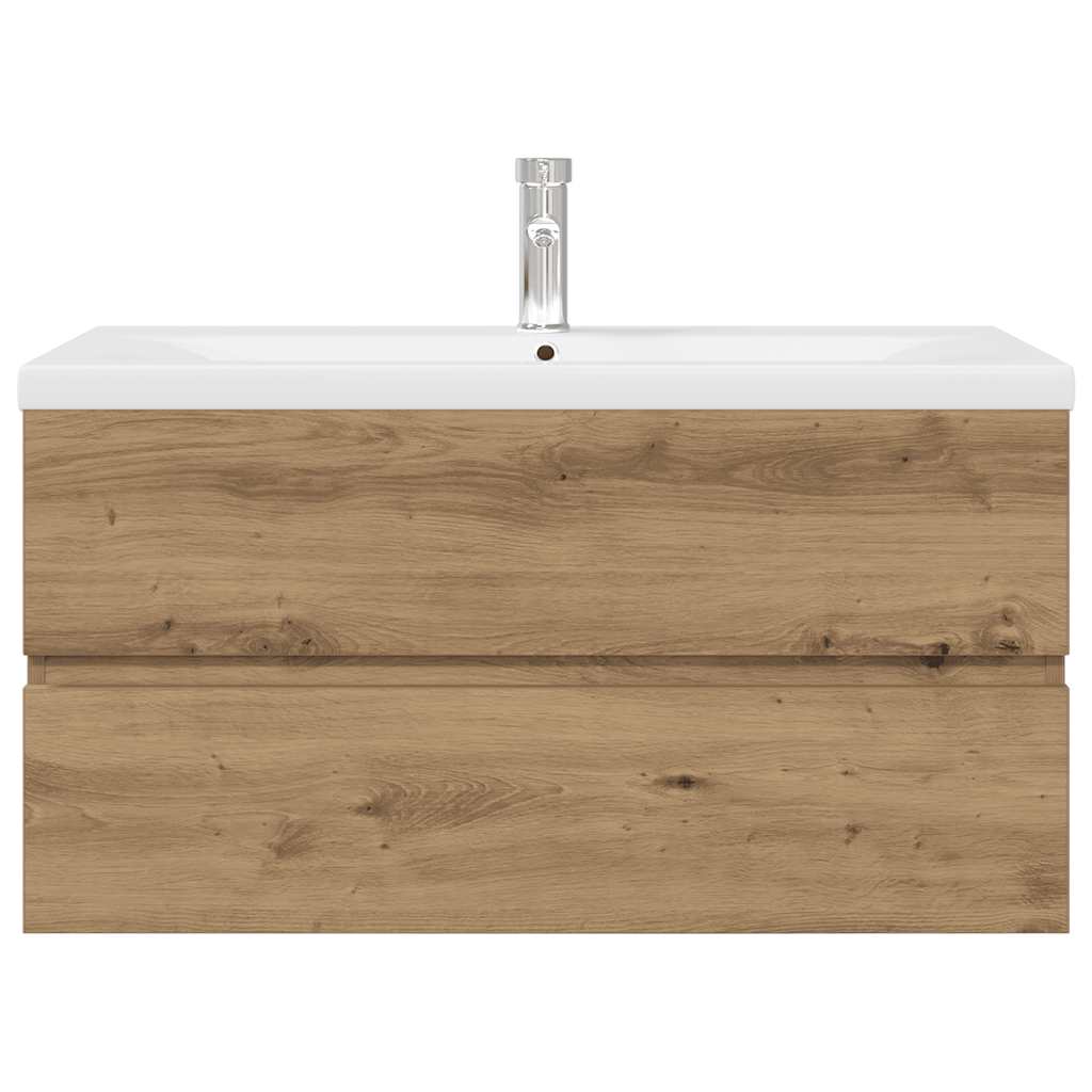 Meuble sous vasque suspendu 90 cm chêne artisanal lavabo céramique avec robinet rangement salle de bain mural – ComfortXL - 6