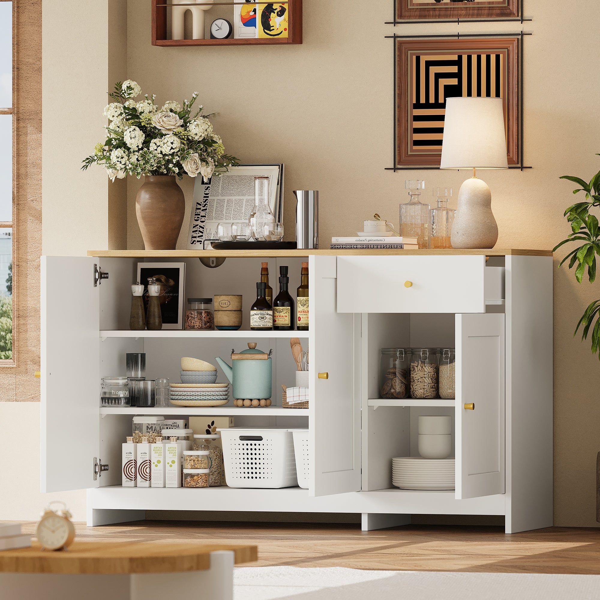 Komoda niska z 3 drzwiami i 1 szufladą - 120 x 40 x 75 cm - Płyta wiórowa + MDF - Do salonu i jadalni - Kolor biały i naturalny
