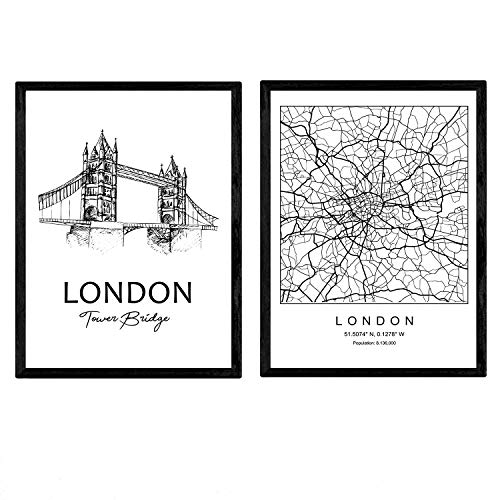 Zestaw plakatów London Tower Bridge. Tablice z zabytkami miast. Bezramowy - A3