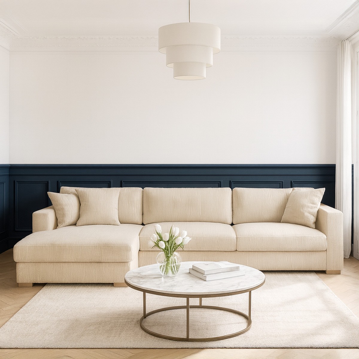 Canapé d'angle gauche convertible 5 places en velours côtelé beige - Robin - 2