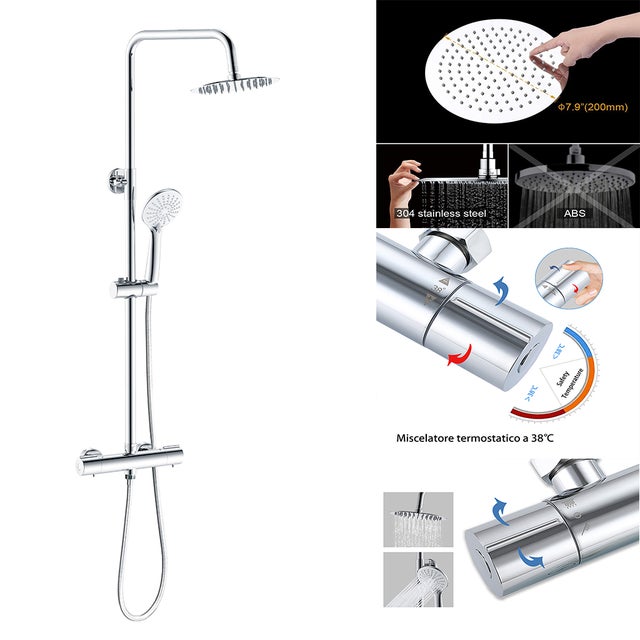 AICA Colonna doccia idromassaggio con miscelatore termostatico, soffione doccia rotondo da 20cm,Interasse dei Fori 15cm