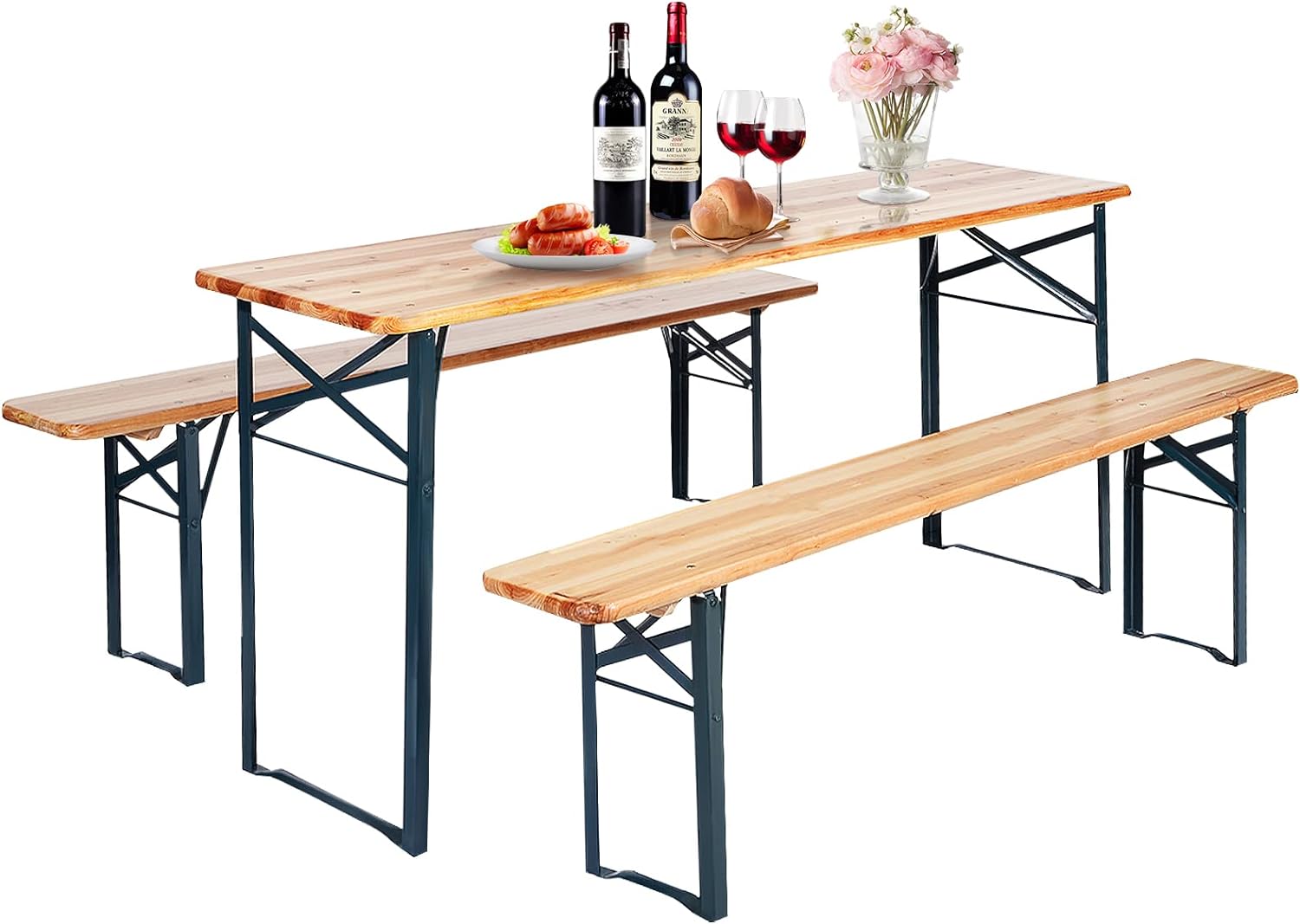 Zestaw Stół i Ławki 3 Szt., Drewno Jodłowe, Metalowa Rama, Taras, Ogród, Piknik, Wnętrze i na Zewnątrz, Nośność 300 kg