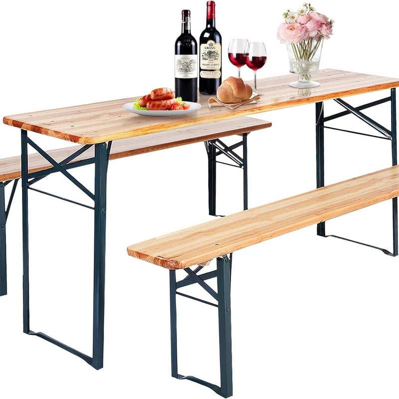 Zestaw Stół i Ławki 3 Szt., Drewno Jodłowe, Metalowa Rama, Taras, Ogród, Piknik, Wnętrze i na Zewnątrz, Nośność 300 kg