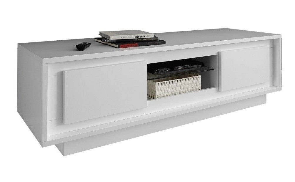 Meuble TV 2 portes bois laqué blanc brillant Mafer L 156cm | Leroy Merlin