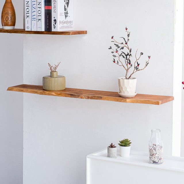 Etagère Murale en Bois Acacia Massif Huilé - Bord Naturel Irrégulier - Fixation Inclus - 18x195x1200mm - Etagère de Bureau, Cuisine