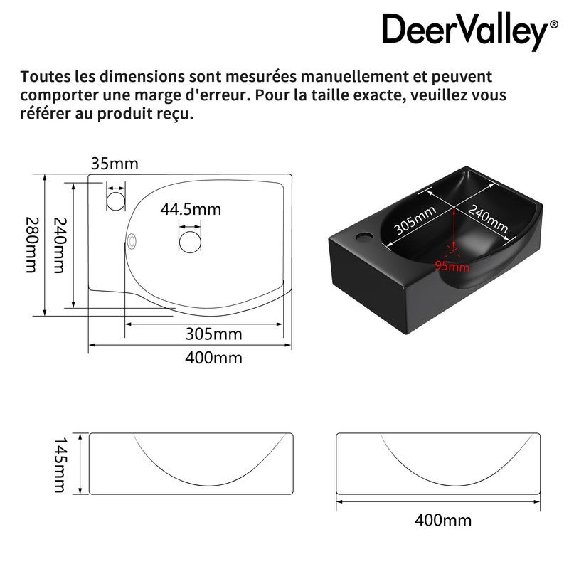 Vasque Lave Main DeerValley 400×280 mm, vasque rectangulaire en céramique noire mate, cuve à droite avec trou de robinet à gauche - 2