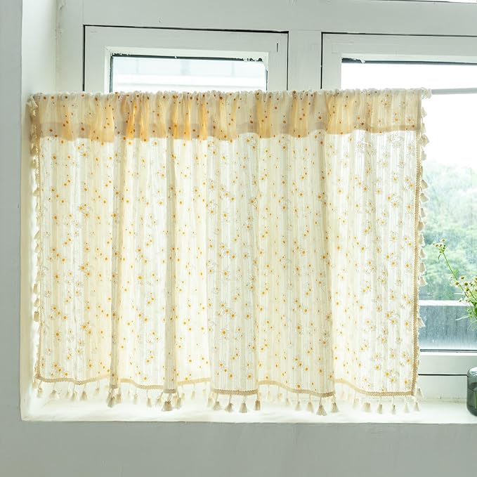 132 x 45 cm - Beżowo-żółta firanka z woalu - 1 sztuka - Styl boho - Zapięcie na rzep - Bawełna - Do kuchni, salonu, domu wiejskiego