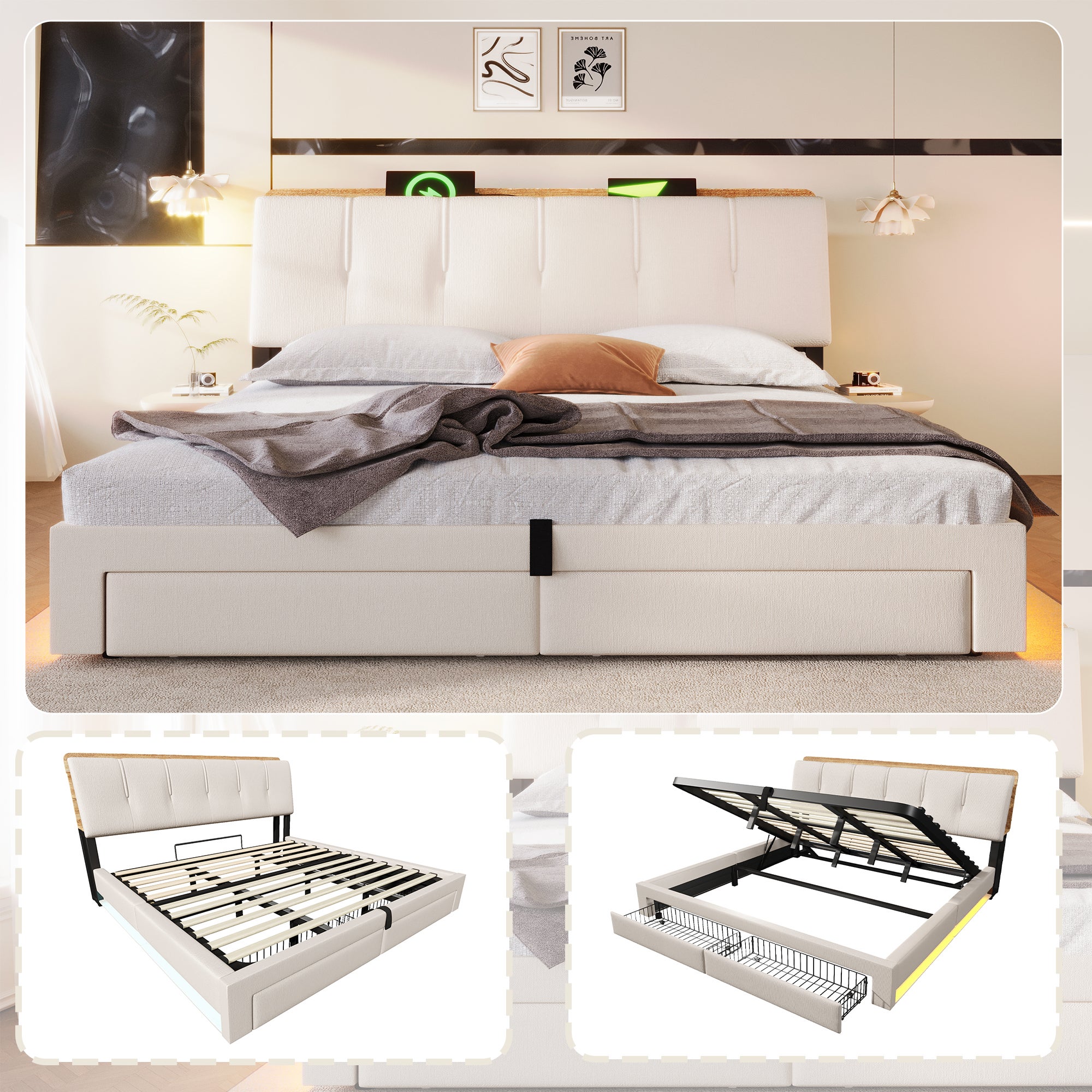 Łóżko z pojemnikiem 180 x 200 cm, 2 szufladami i portami USB/Type-C - Tkanina lniana - Diody LED - Beżowe (Materac nie jest dołączony)