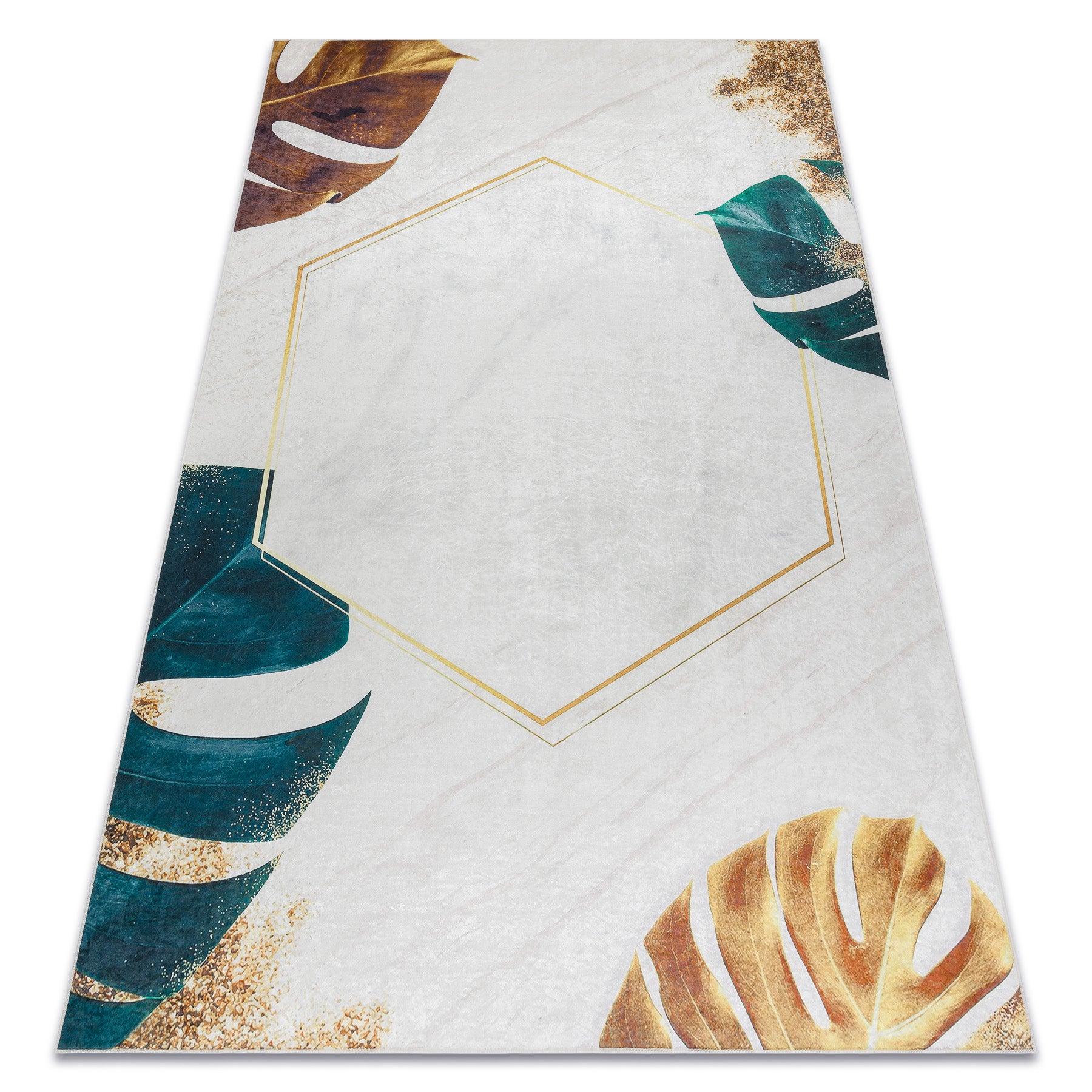 Dywan do prania ANDRE 1150 Liście Monstera, sześcian antypoślizgowy - biały / złoty 80x150 cm