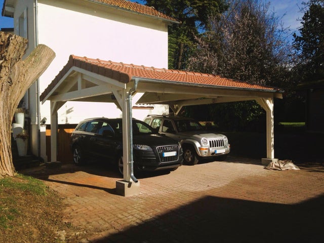 Carport Bois Douglas Français 12 m² – 2 pentes – 4 poteaux – Abri voiture extérieur – Garantie 10 ans
