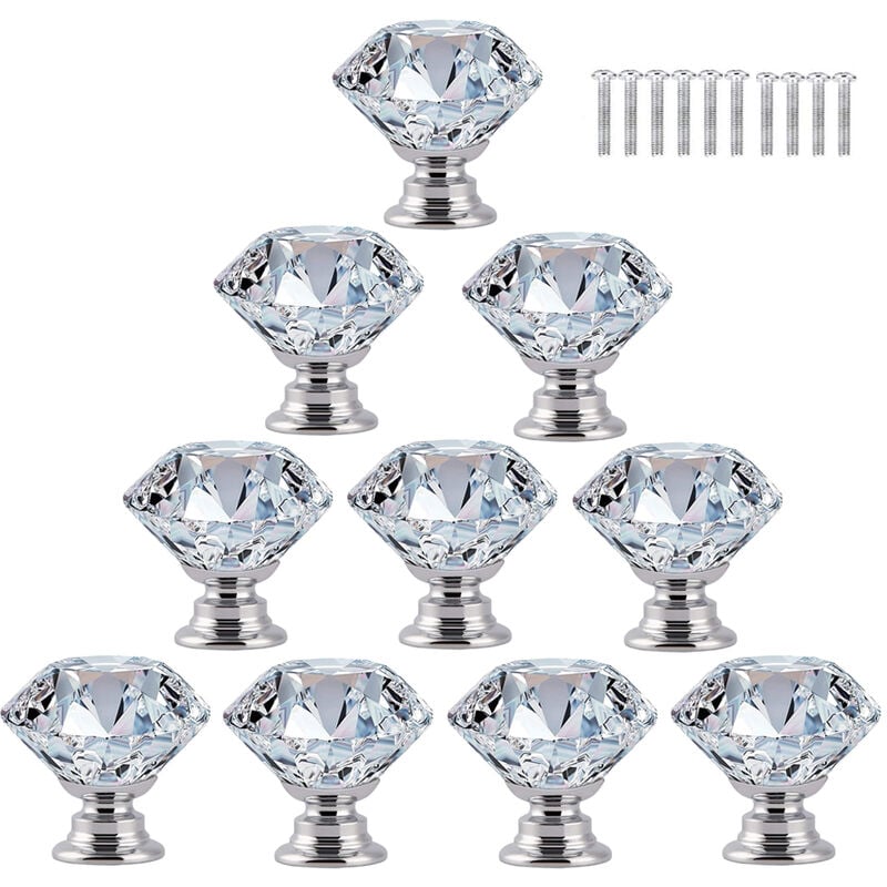 10 szt. uchwytów do drzwi, gałki do szuflady, szkło kryształowe 30 mm, diamentowe, ze śrubami, przezroczyste