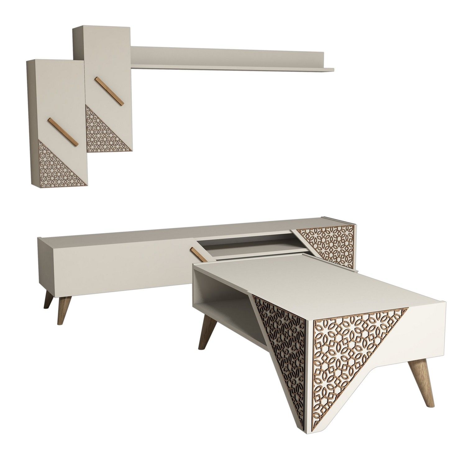 Ensemble Meuble Tv Tag Re Et Table Basse Forces Motif Arabesque Blanc Cr Me Leroy Merlin