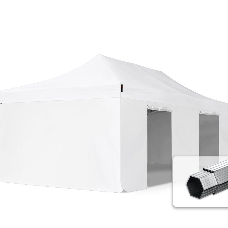 4x8 m Namiot Ekspresowy PROFESSIONAL Alu 50 mm, trudnopalny, ze ścianami bocznymi, bez okien, biały