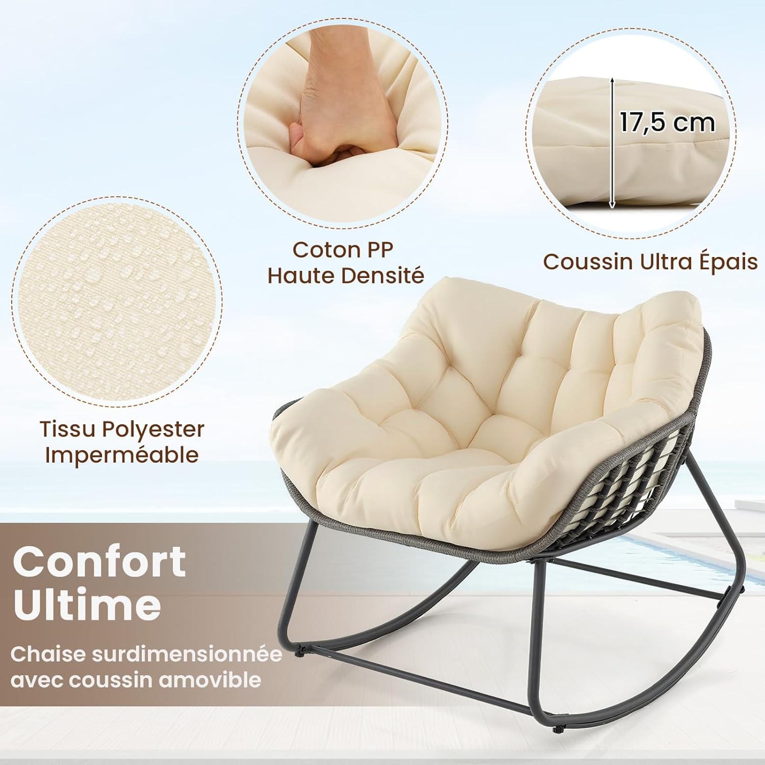 Fauteuil à Bascule d'Extérieur, Fauteuil Œuf Surdimensionné en Osier PE avec Coussin Épais Amovible, 98 x 98 x 87 cm, Charge 150 kg, Beige - 6