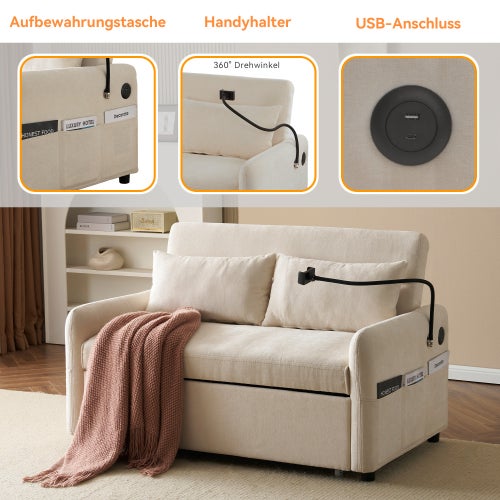 Canapé Lit Double 129x76x81cm cm avec Dossier Réglable, Port USB et Support Téléphone - Conversion Rapide pour Salon et Chambre d'Amis - beige - 5