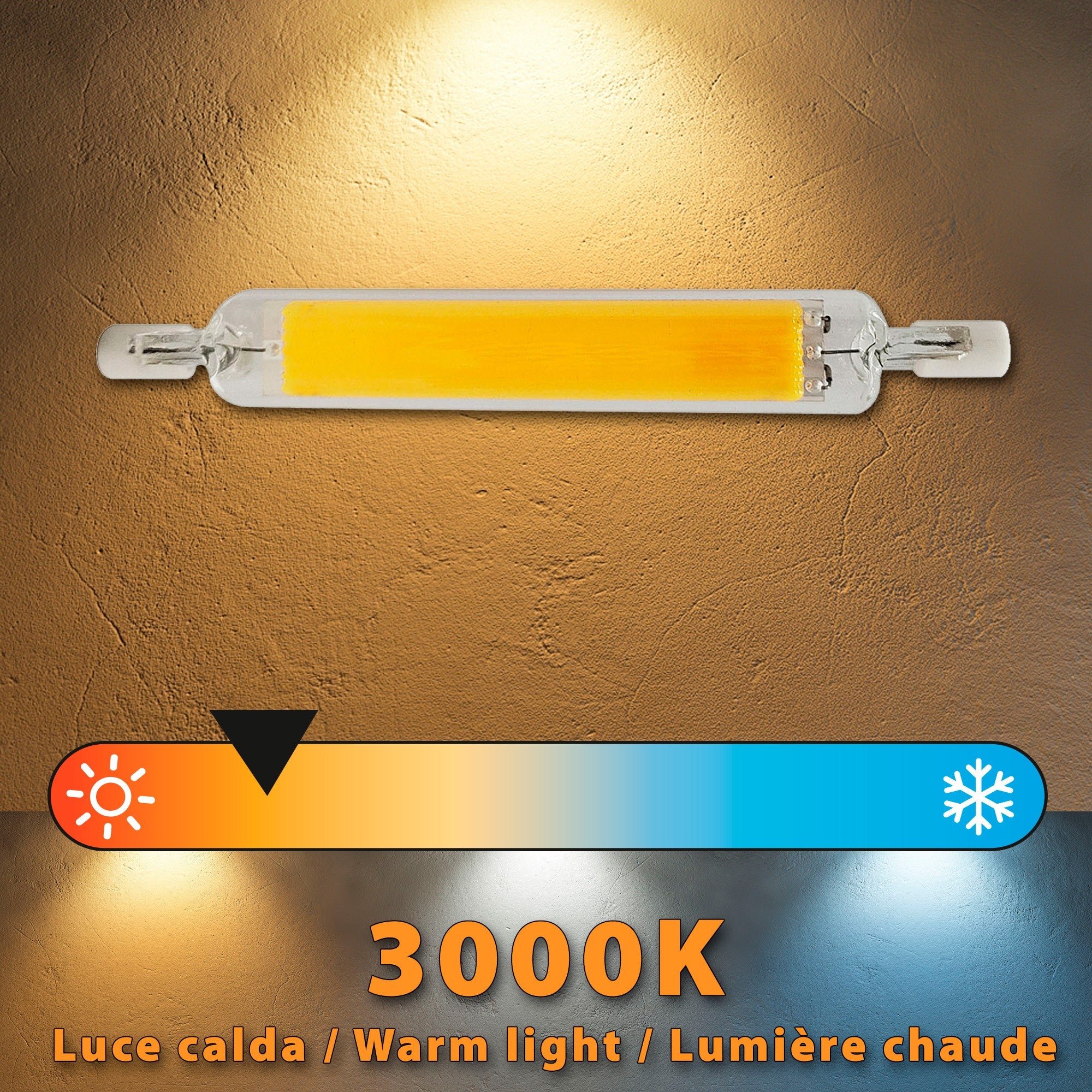 Ampoule LED COB R7S 8,5W 1055 lumens, 118 mm, lumière blanche chaude 3000 K - 3