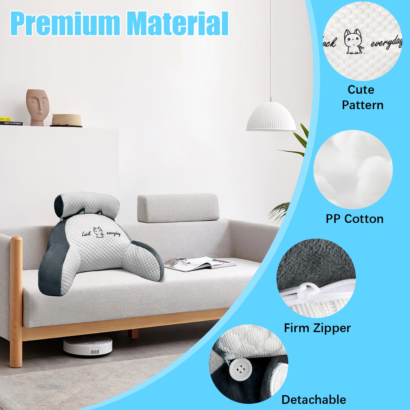 Coussin de lecture, 70 x 50 cm Coussin de dossier Canapé, Coussin de lecture Lit adulte avec support de cou/bras, Gris et blanc - 4