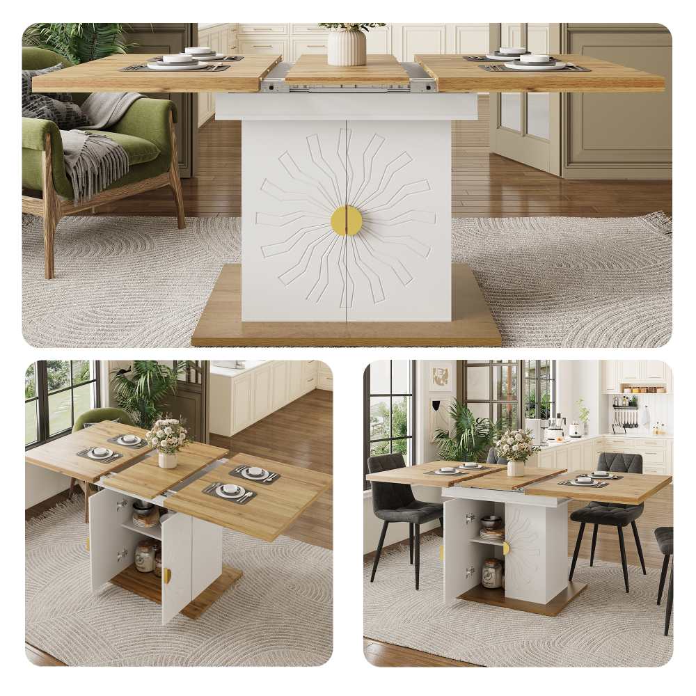 Mesa comedor extensible 110-140x70x76 cm, madera con relieve sol, gran espacio de almacenamiento cocina y salón