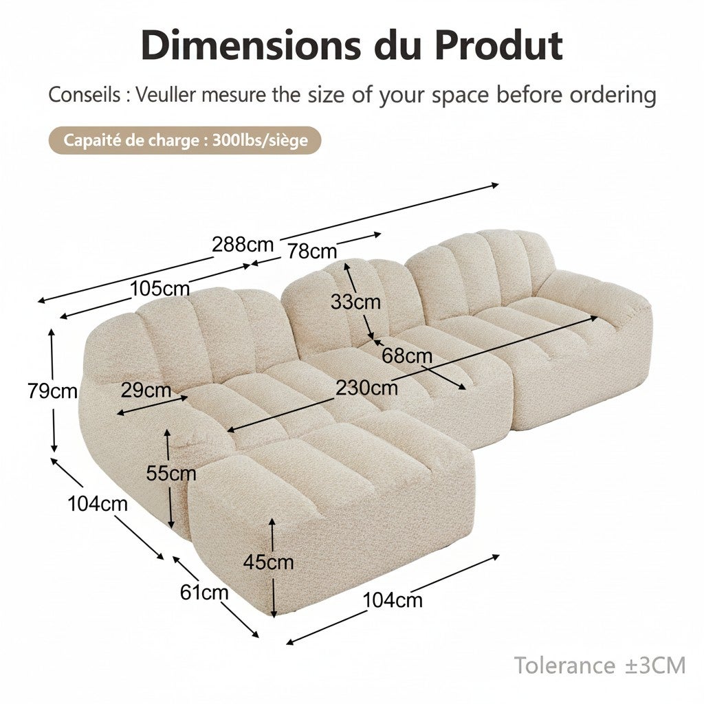 Canapé Modulable 3 Places en L avec Pouf, Canapé Sans Cadre en Mousse 32D, Assise Profonde, Salon, Tissu Velours Côtelé, Beige Blanc - 7