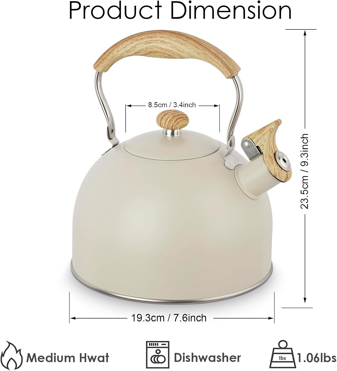 Bouilloire sifflante en acier inoxydable de 2,5 L avec poignée en bois, compatible avec cuisinière à gaz et à induction (beige) - 7